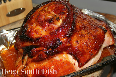 Whiskey Glazed Baked Ham A smoked bone-in half ham, baked and finished with a glaze of Maker's Mark whisky, Creole mustard, pepper jelly and lemon juice.