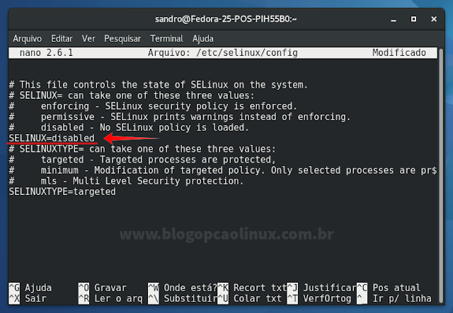 Opção do SELinux alterada para "disabled"