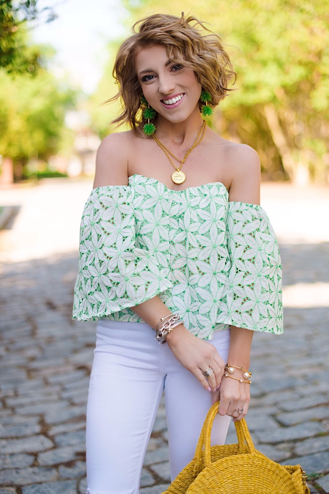 Green Lace OTS Top Spring Style - Something Delightful Blog 