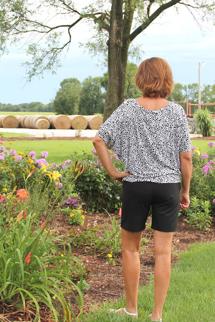 Simplicity 8089 batwing shirt from Mood Fabrics' jersey and Simplicity 1167 stretch twill shorts