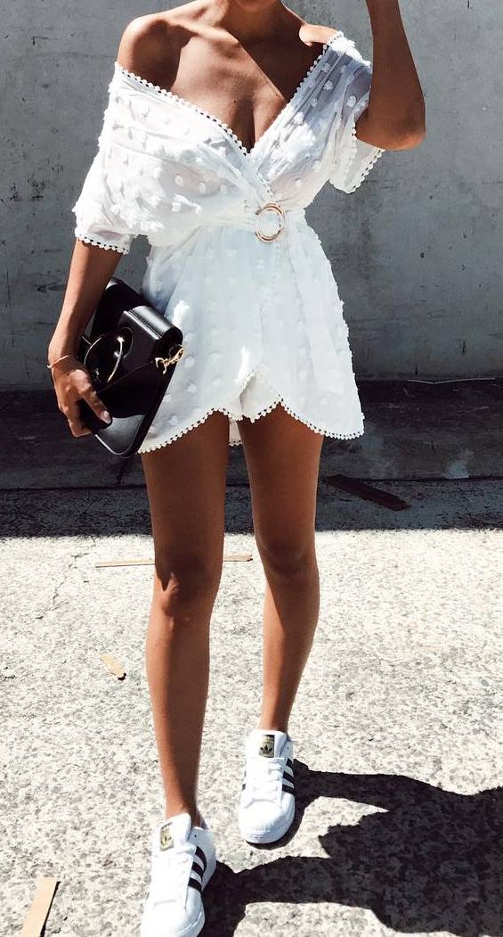 trendy summer outfit:dress + bag + sneakers