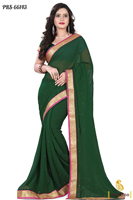 Buy Green Color Latest Pure Chiffon Saree with Lace Border Work Online Shopping Collection with Lowest Prices and Discount Offer