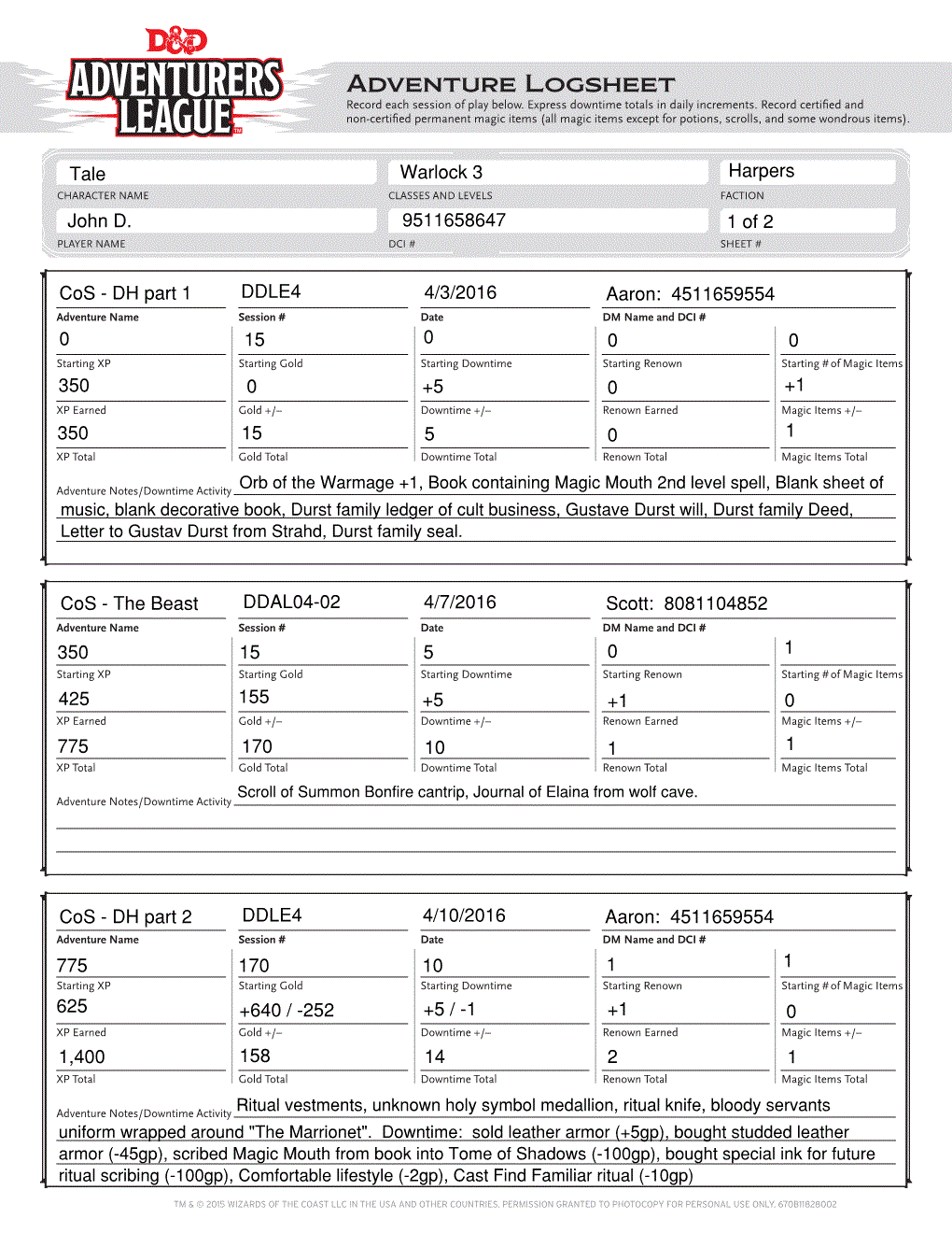 Adventurers League Log Sheet Form Fillable - Printable Forms Free Online