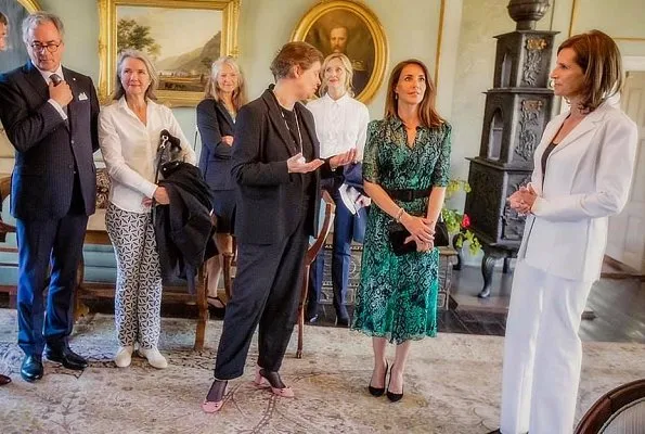 Princess Marie wore a new green print shirt dress by ba&sh.  Princess Esmeralda of Belgium. BA and SH Rozy print shirt dress