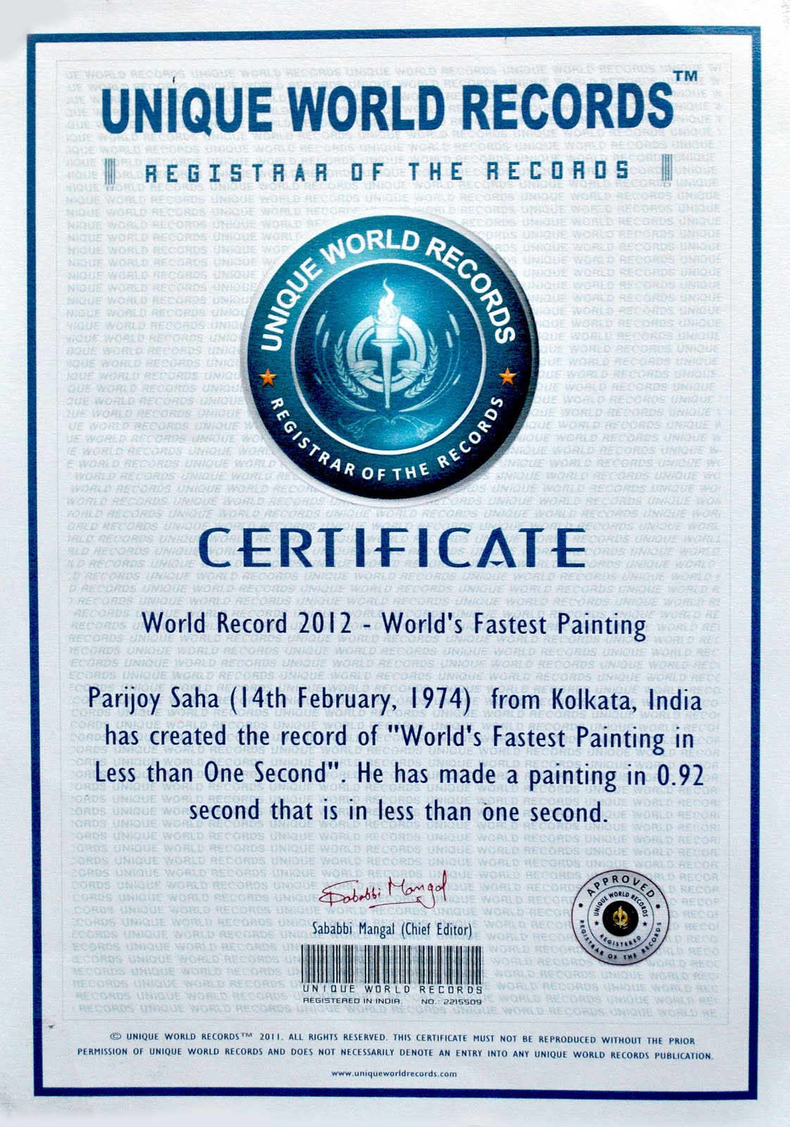 World Record Certificate World's Fastest Painting