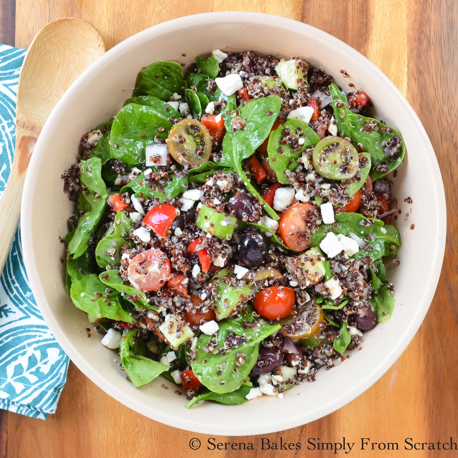Greek Quinoa Salad. Healthy and easy to make! Perfect as a side or main dish! www.serenabakessimplyfromscratch.com
