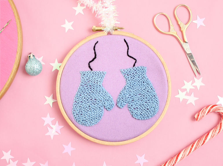 christmas embroidery hoop art knitted mittens