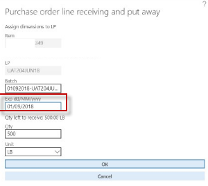 While PO Receive in mobile device Exp date is mandatory suddenly in D365FO