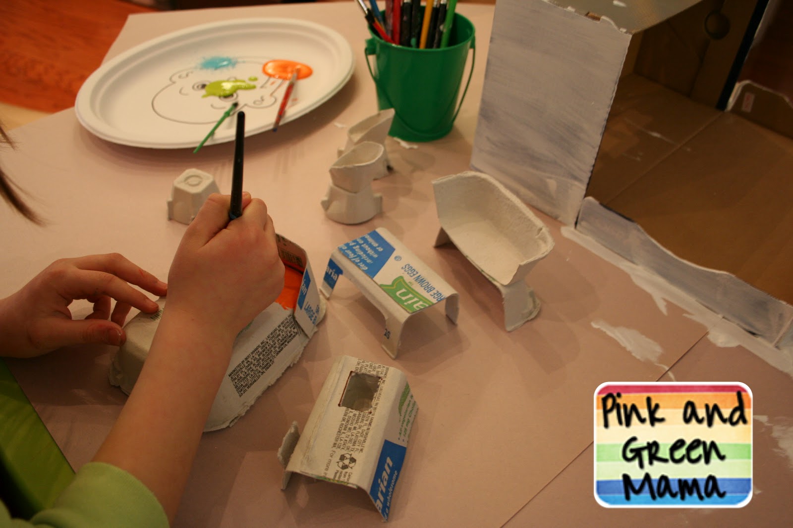 Pink and Green Mama * Cardboard Shoe Box Play House With Egg Carton