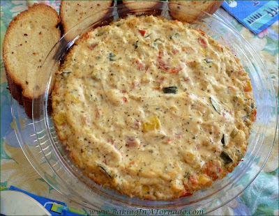 Garden Vegetable Dip with Bruschetta: Fresh seasonal vegetables sauteed and incorpoated into a hot dip served with crunch bruschetta. | Recipe developed by www.BakingInATornado.com | #reicpe #appetizer #vegetables