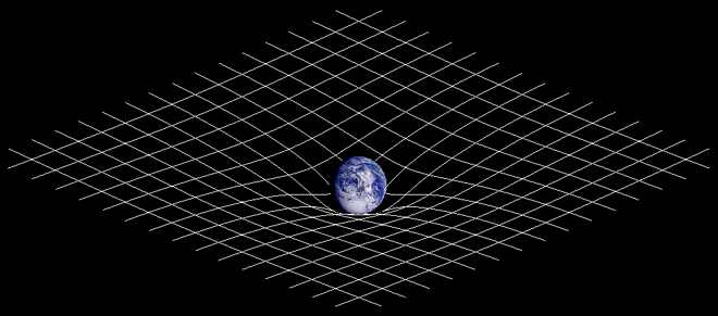 distorted grid with Earth at the centre demonstrating deformation of spacetime.
