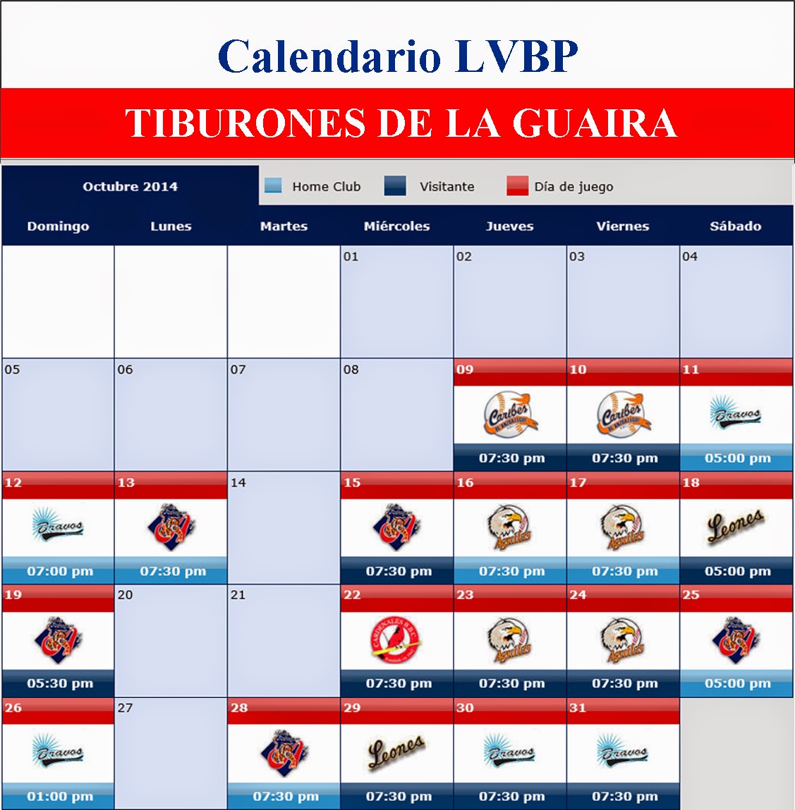 Deportes Calendario del equipo Tiburones de La Guaira temporada 20142015