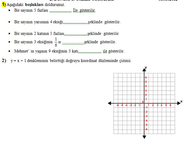 7. Sınıf Matematik 2. Dönem 1. Yazılı Soruları 2013 - Ders ve Çalışma