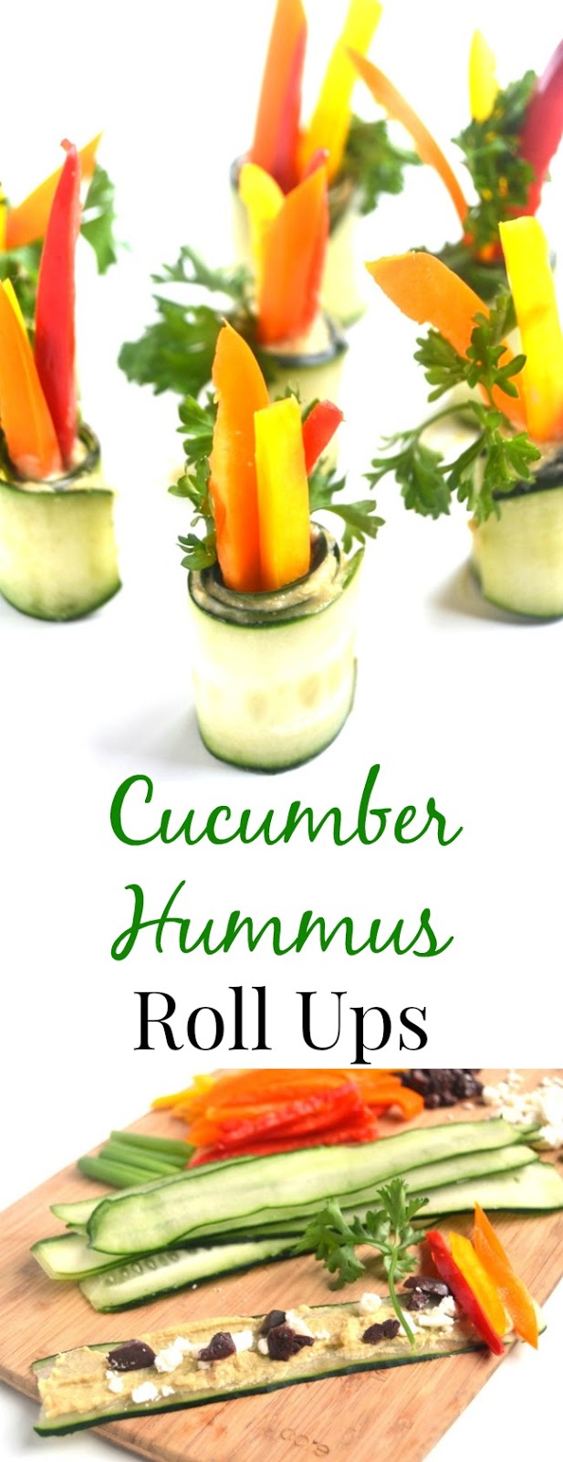 Cucumber Hummus Roll Ups are an easy and healthy appetizer that take 10 minutes to make and are perfect for entertaining! Made with hummus, feta and fresh vegetables. www.nutritionistreviews.com