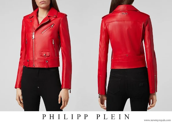 Princess Charlene wore Philipp Plein leather biker full color yellow jacket