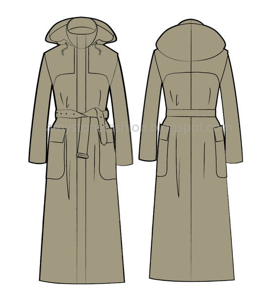 Long raincoat flat technical fashion drawing 0141 Amy Stone's Sketches