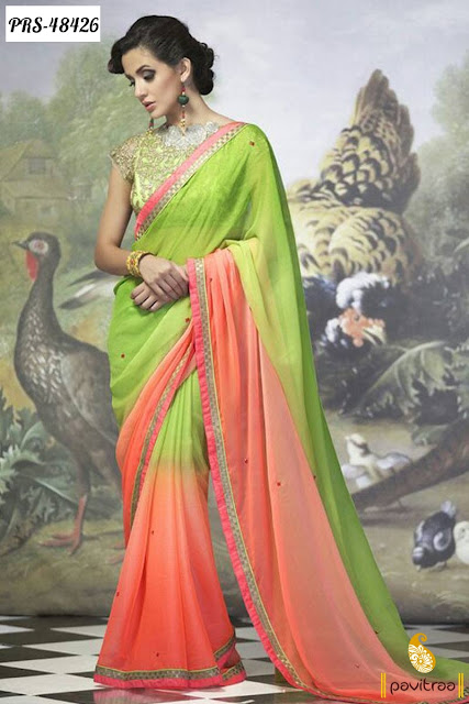 Buy wedding season special green orange color art silk party wear saree online with discount offer at pavitraa.in