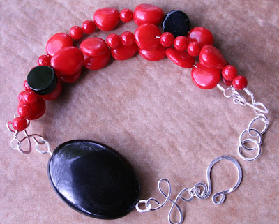 Red & Black (sterling silver, black agate, red bamboo corral, wire wrapping) set: bracelet & earrings :: All Pretty Things