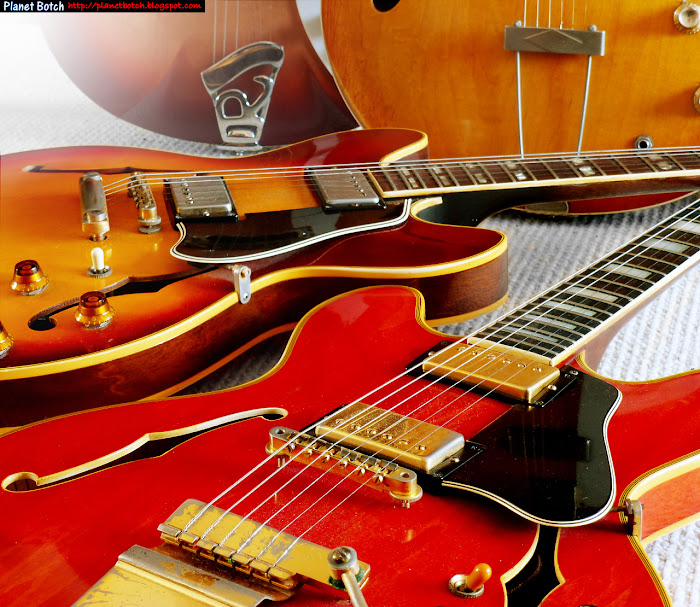 Semi-acoustics Rickenbacker 330, Gibson ES-345, Gibson ES-355 and Epiphone Casino in close crop shot