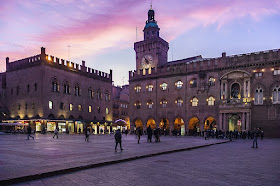 Bologna's Piazza Maggiore at dusk, looking towards the Palazzo d'Accursio - or Palazzo del Comune