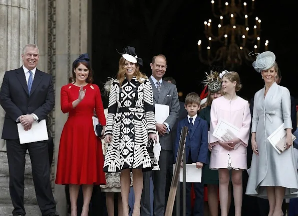 Queen Elizabeth II, Prince Philip, Duke of Edinburgh, Prince William, Duke of Cambridge, Catherine, Duchess of Cambridge, Prince Harry, Prince Edward, Sophie, Countess of Wessex and their children James and Lady Louise, Princess Anne, Princess Royal, Prince Michael of Kent, Princess Michael of Kent, Prince Edward, Duke of Kent, Zara Phillips, Mike Tindall, Princess Eugenie, Princess Beatrice