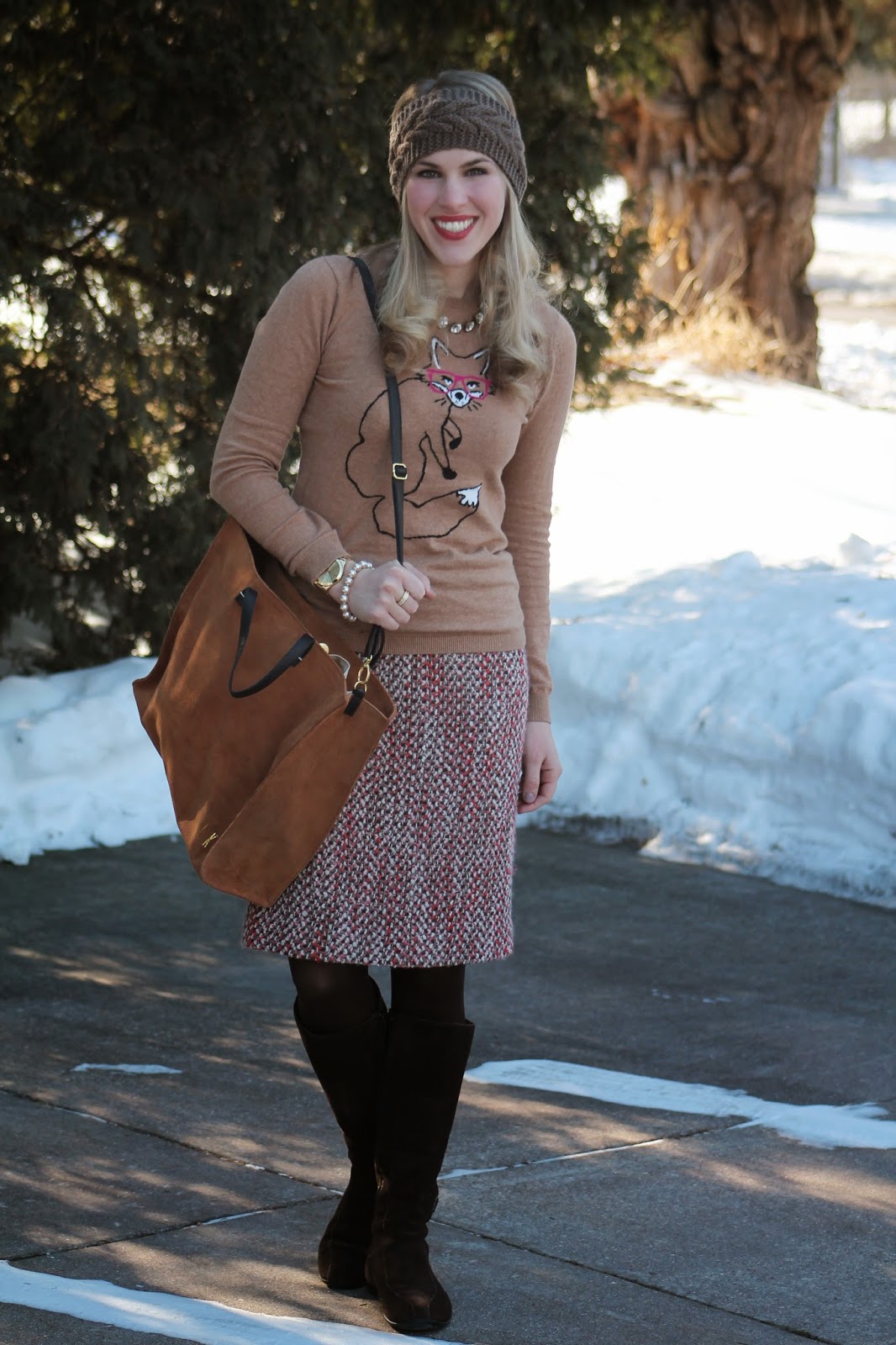 Pink Tweed Skirt and Fox Sweater