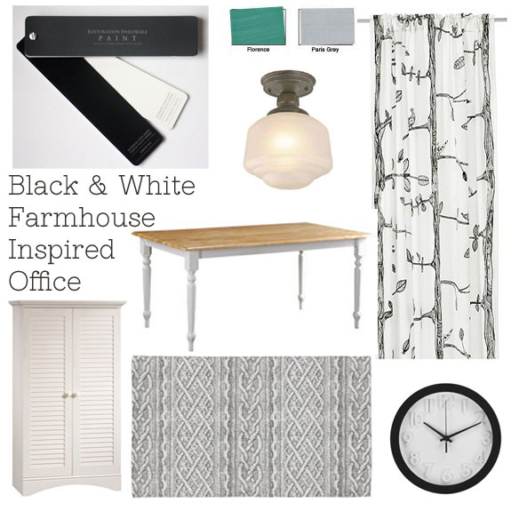Interior Designed Black and White Farmhouse Inspired Office Moodboard