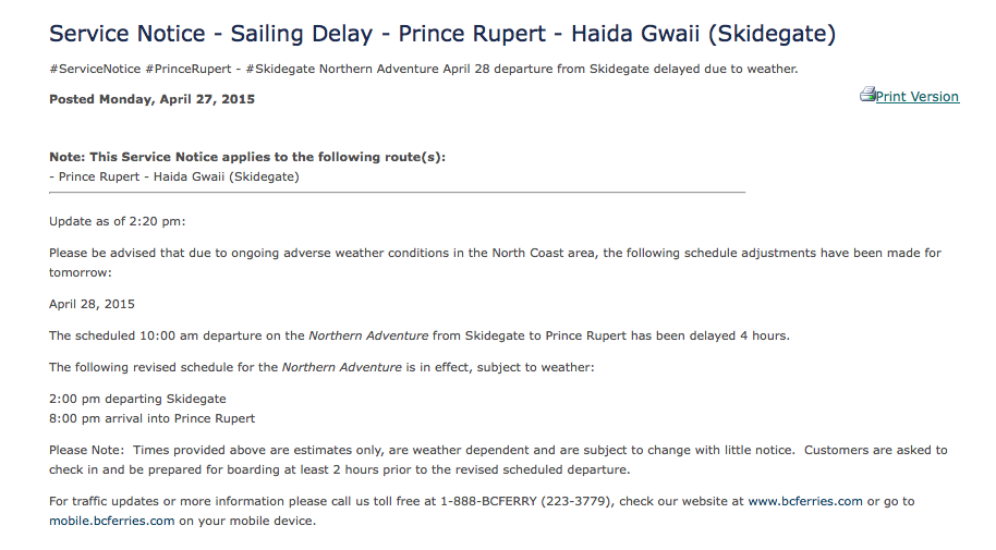 North Coast Review Strong winds provide for sailing delays for BC Ferries