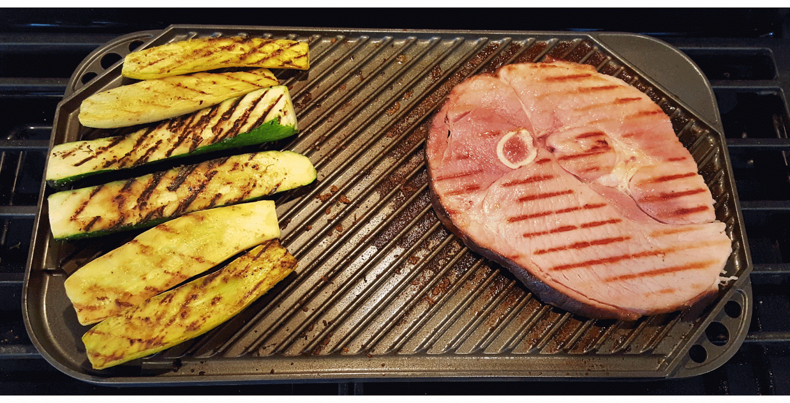 Earl Cooks Grilled Ham Steak and Two Squashes while Dog Sitting.