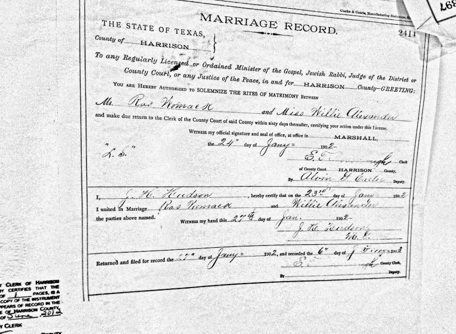 Ras Womack's 1st marriage...Willie Alexander (Rector) in 1902