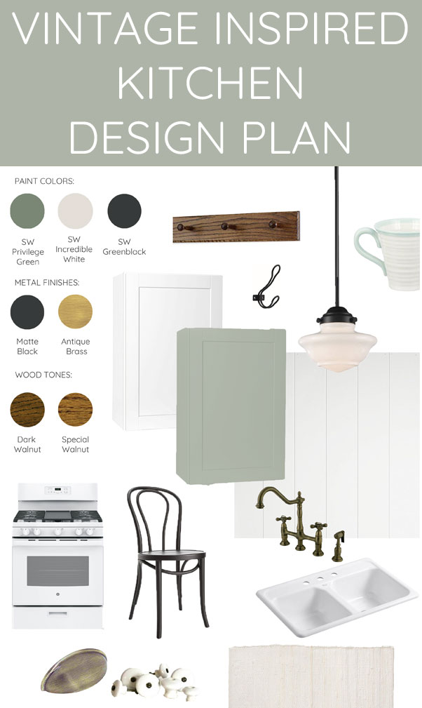 A builder grade 1990s kitchen is getting a 1920s makeover! Mood board and design plan for a vintage inspired farmhouse style update. Lots of great ideas and inspiration!