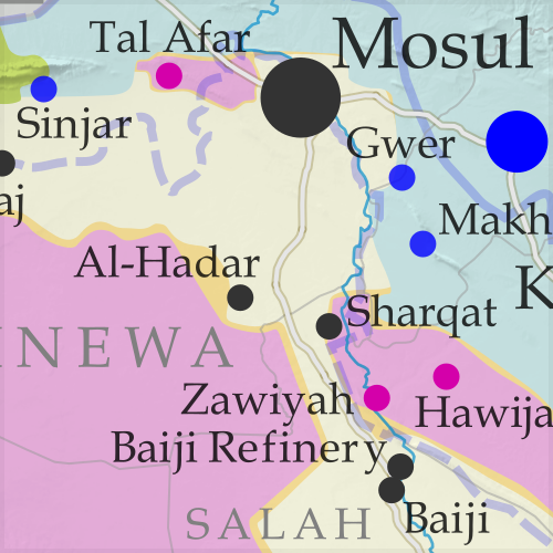 Detailed map of territorial control in Iraq as of July 30, 2017 after the end of the Battle of Mosul, including territory held by the so-called Islamic State (ISIS, ISIL), the Baghdad government, the Kurdistan Peshmerga, and the Yezidi Sinjar Alliance (YBS and YJE). Colorblind accessible.
