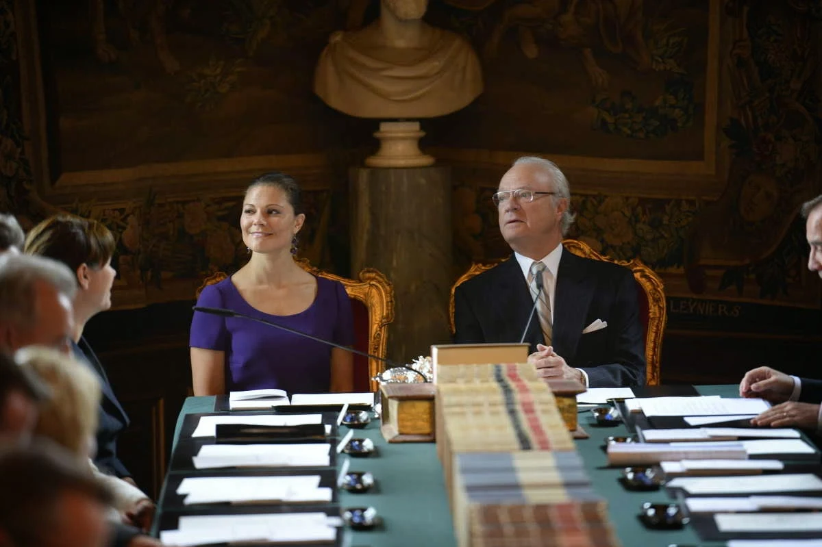 Crown Princess Victoria, Prime Minister Stefan Lofven, King Carl Gustaf and parliament speaker Urban Ahlin, during cabinet meeting at the Royal Palace in Stockholm