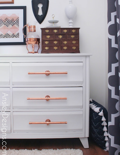 Painted white dresser with DIY copper drawer pulls!