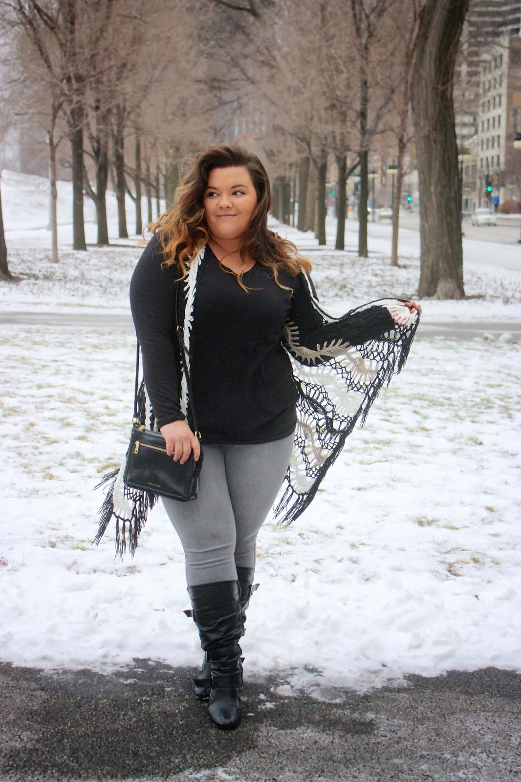 Natalie Craig, Natalie in The City, chicago, ootd, plus size fashion, fashion blogger, crochet vest, winter fashion 2015, mom fashion, curvy women, fatshion, gray jeans, curly ombre hair, thick girls, grant park, ralph lauren, lauren, wide calf boots, how to dress up a long sleeve shirt