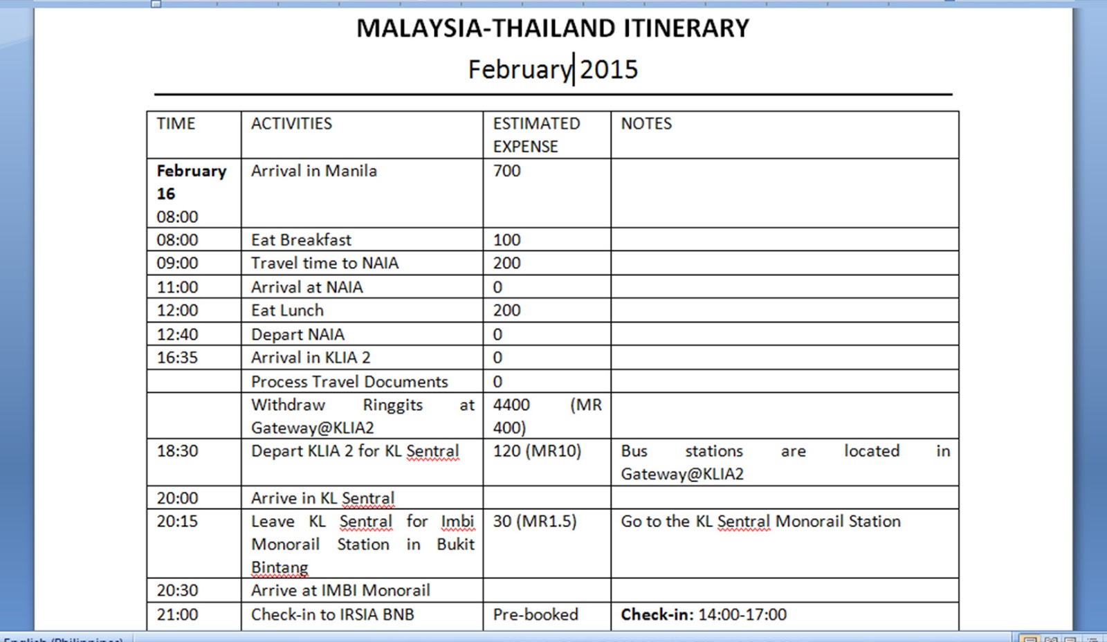 SCREENSHOT OF MY MALAYSIA-THAILAND ITINERARY