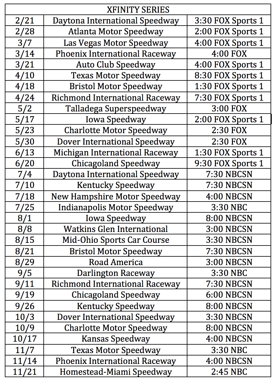 Nascar Xfinity 2018 Schedule Printable