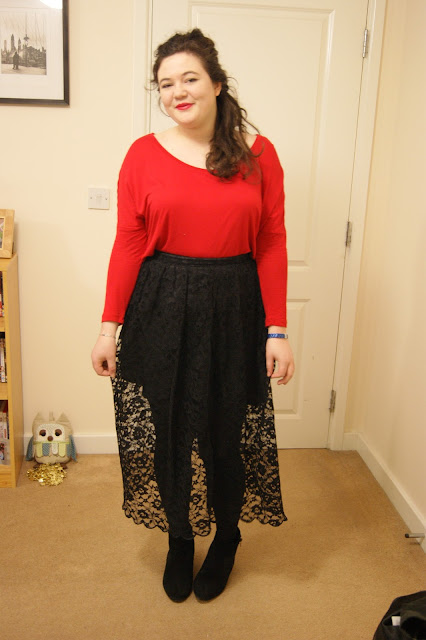 Black lace skirt, red top, black tights and boots 2