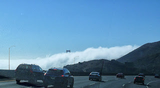 Fog bank with Golden Gate Bridge coming through the fog on top.