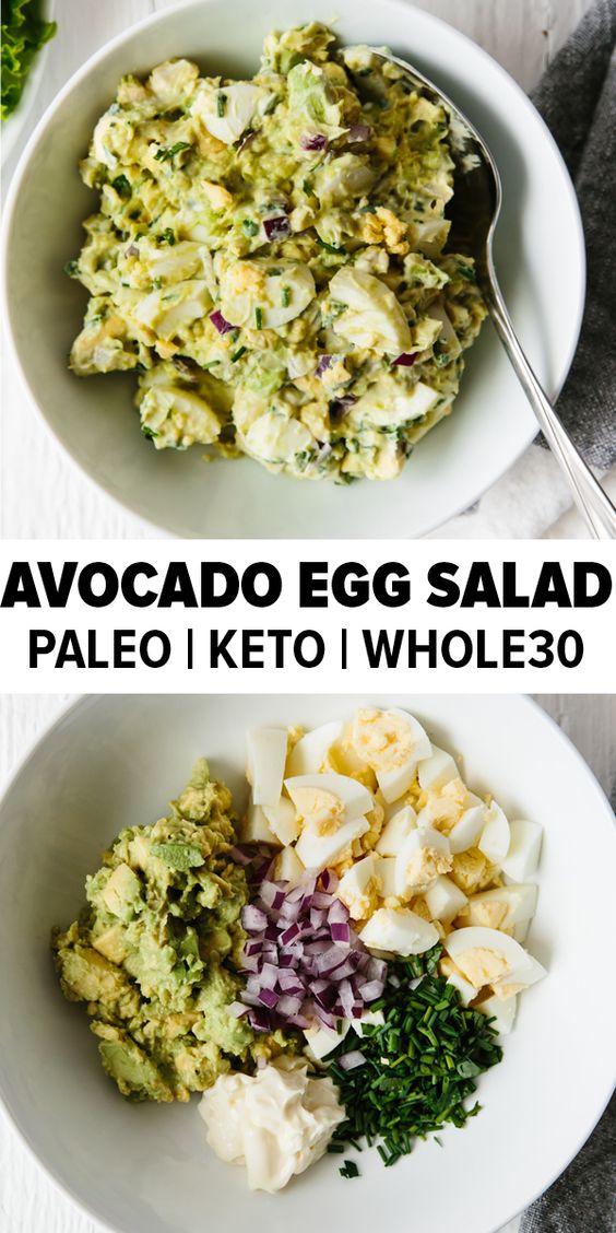 This avocado egg salad takes your classic egg salad recipe and adds healthy avocado for a creamy, nutritious and tasty new avocado egg salad recipe you're sure to love. It's a delicious paleo, keto and whole30 recipe. #avocadoeggsalad #eggsalad #whole30recipes #ketorecipes
