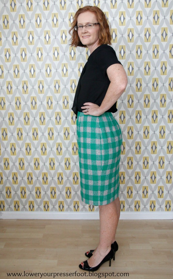 Burda 8/2016 #120 black drape top green plaid skirt www.loweryourpresserfoot.blogspot.com