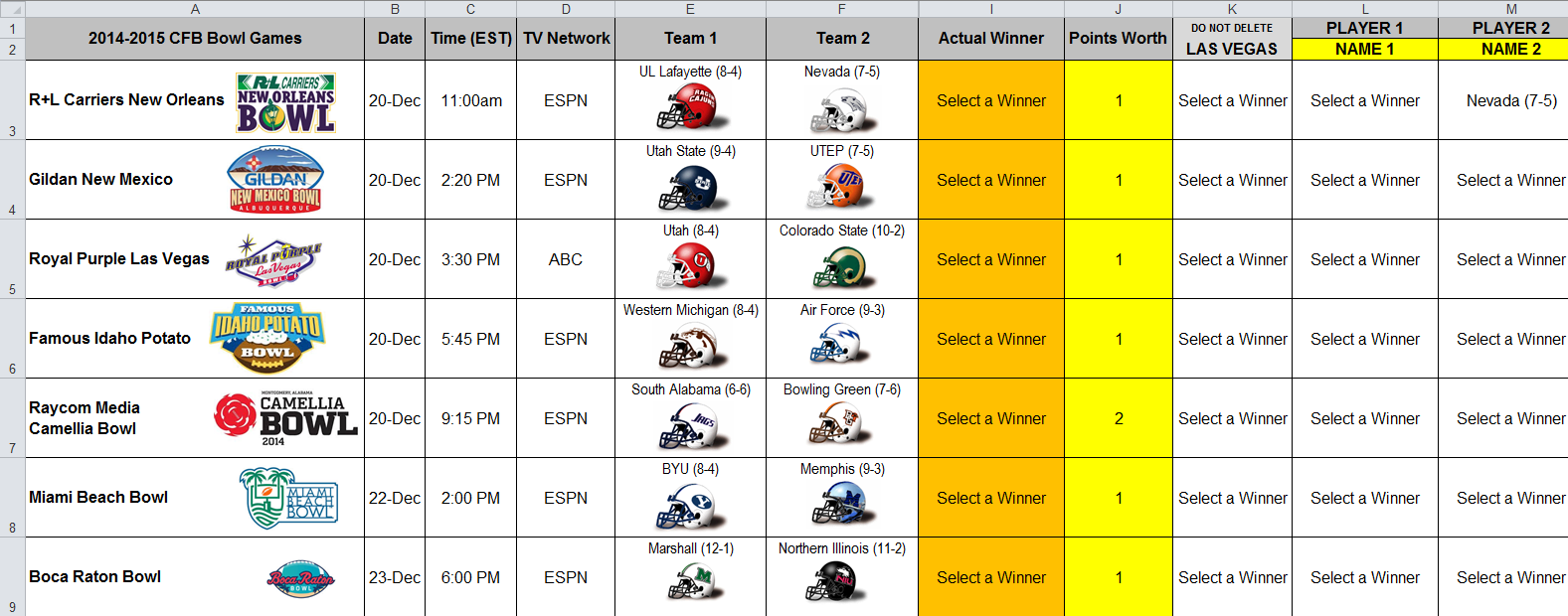 Excel Spreadsheets Help 2014 NCAA Bowl Prediction Pool with Playoff