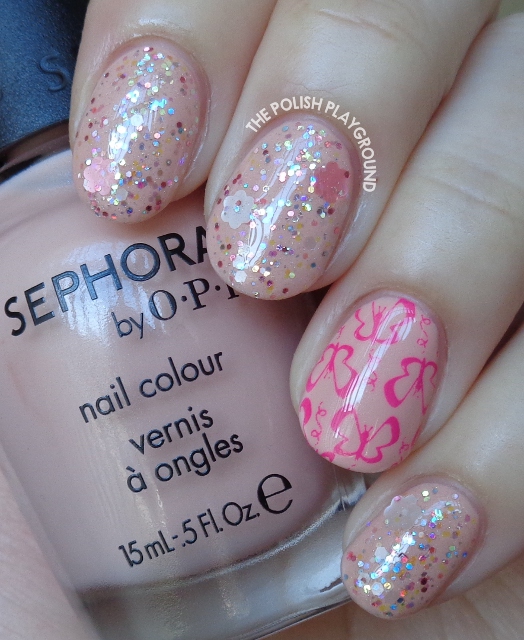Pink Glitter Layering with Butterfly Stamping Accent Nail Art