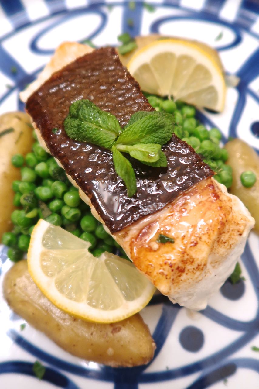 Scrumpdillyicious PanSeared Halibut with Peas & Fingerling Potatoes
