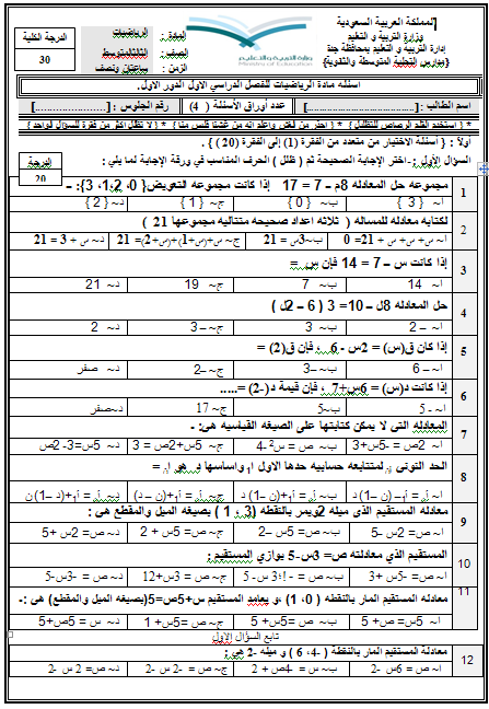 اسئلة اختبار رياضيات ثالث متوسط الفصل الثاني 1442