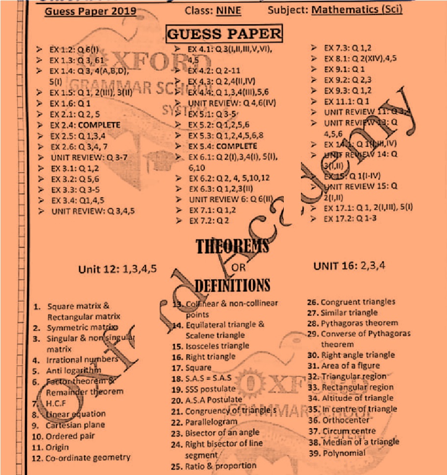9th Math Science Guess paper 2019