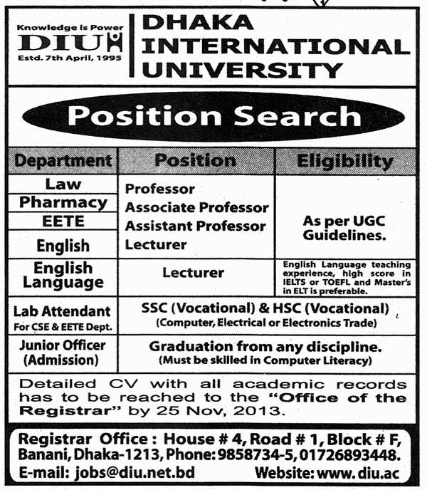 Jobs Barta Dhaka International University Jobs Circular, Post