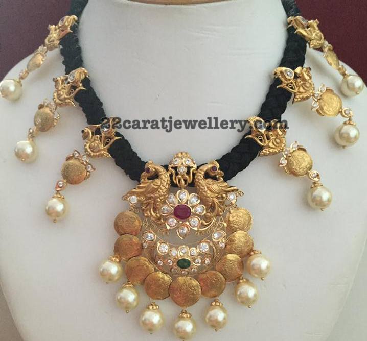 Black Cord Set with Peacock Locket Jewellery Designs