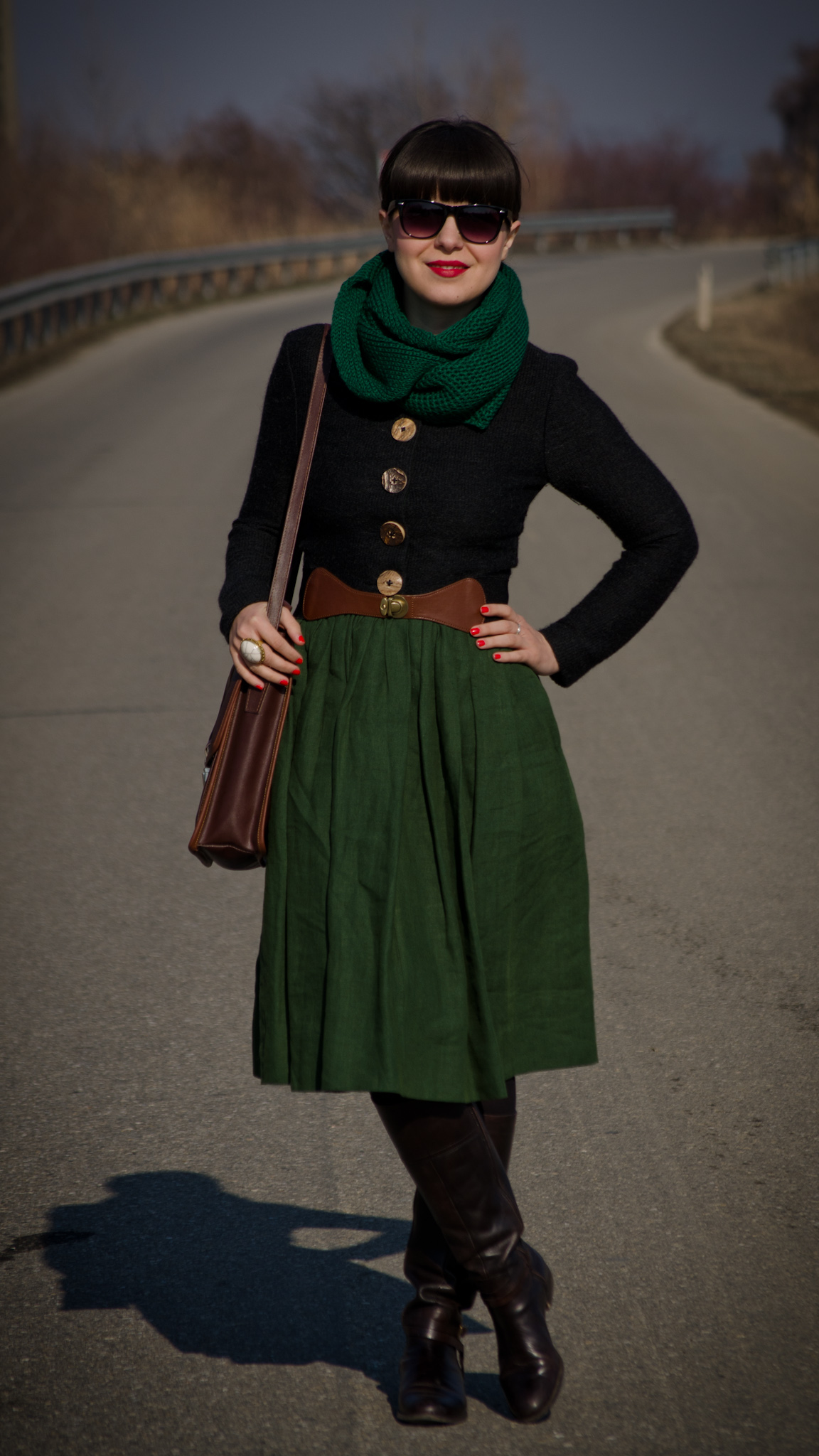 khaki midi dress thrifted brown boots green scarf army green outfit brown satchel bag