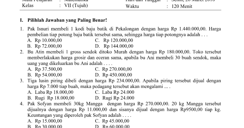 Soal PTS UTS Matematika Kelas 7 Semester 2 Kurikulum 2013 Revisi 2017